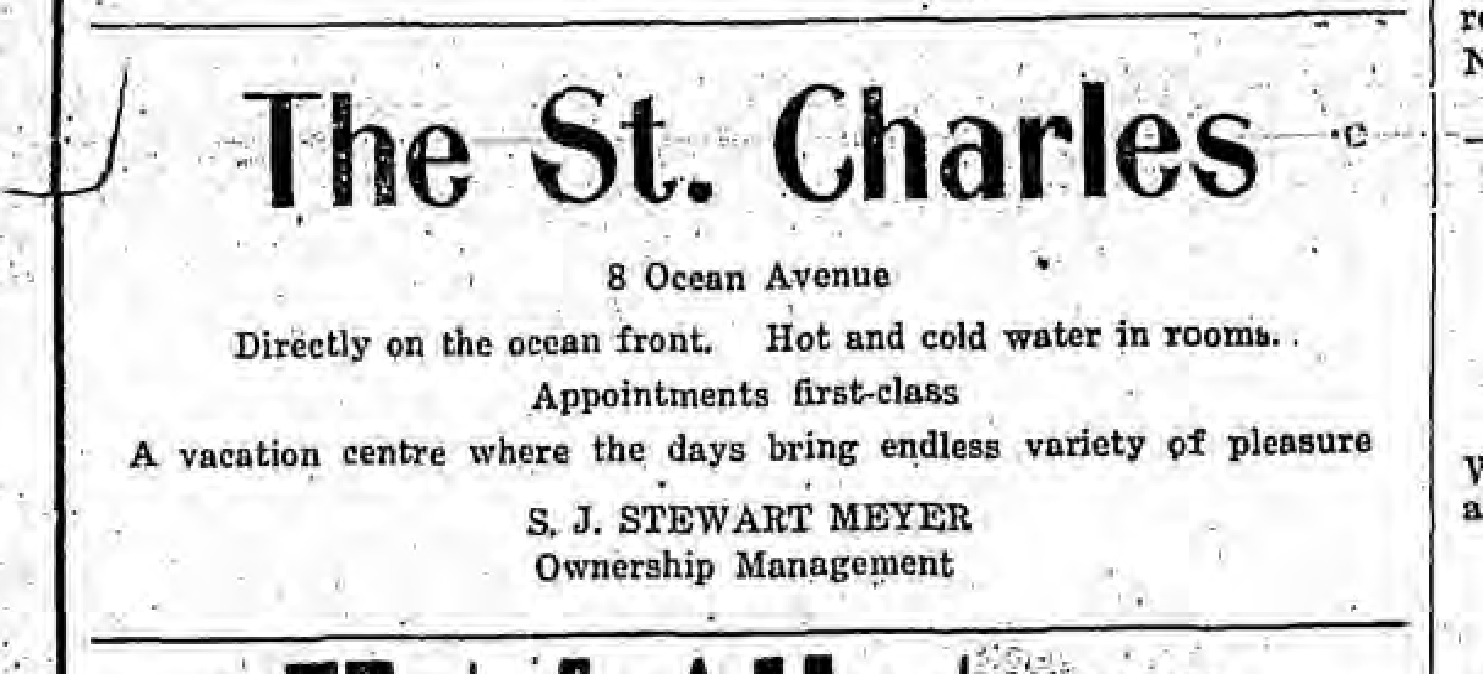1925 newspaper advertisement for The St. Charles hotel