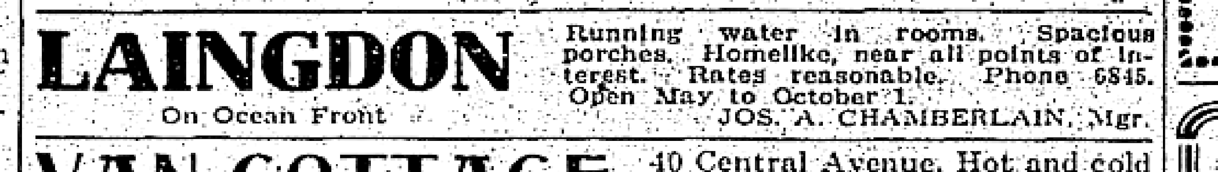 1945 newspaper advertisement for Laingdon Hotel under Chamberlain management