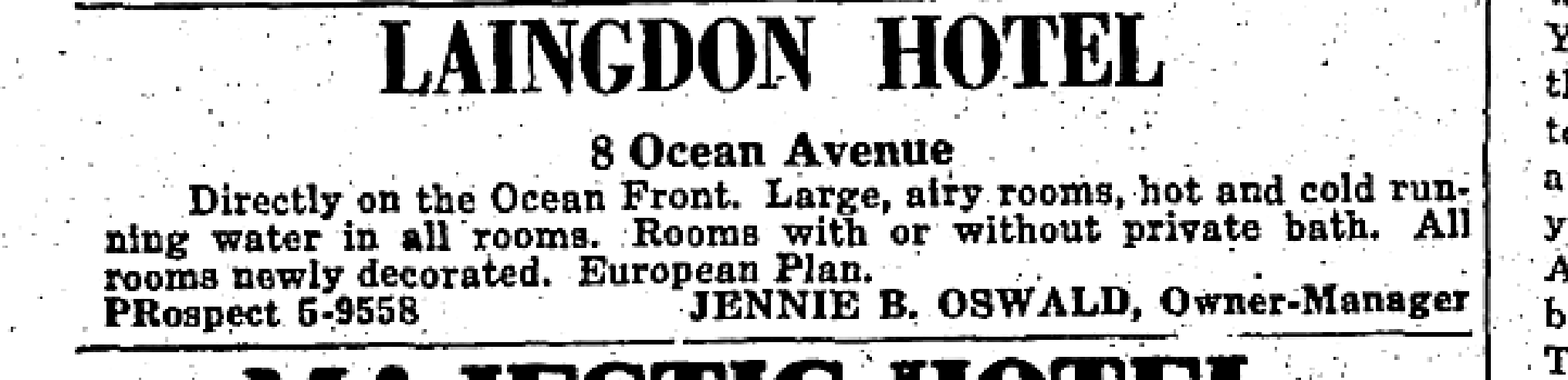 1952 newspaper advertisement for Laingdon Hotel under Jennie Oswald